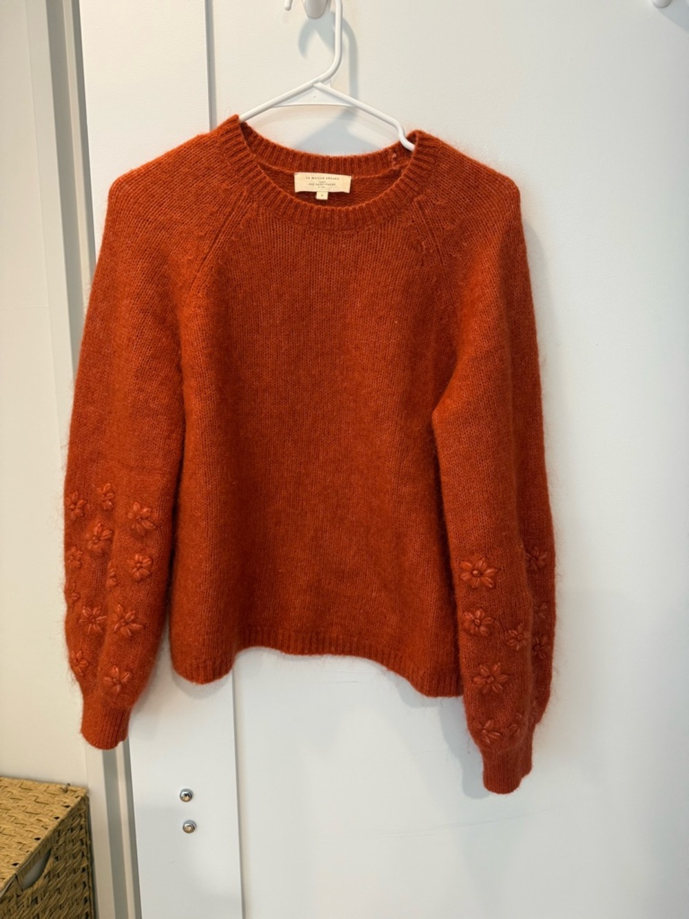 Sezane Rust Orange Crewneck Sweater with Floral Embroidered Sleeves